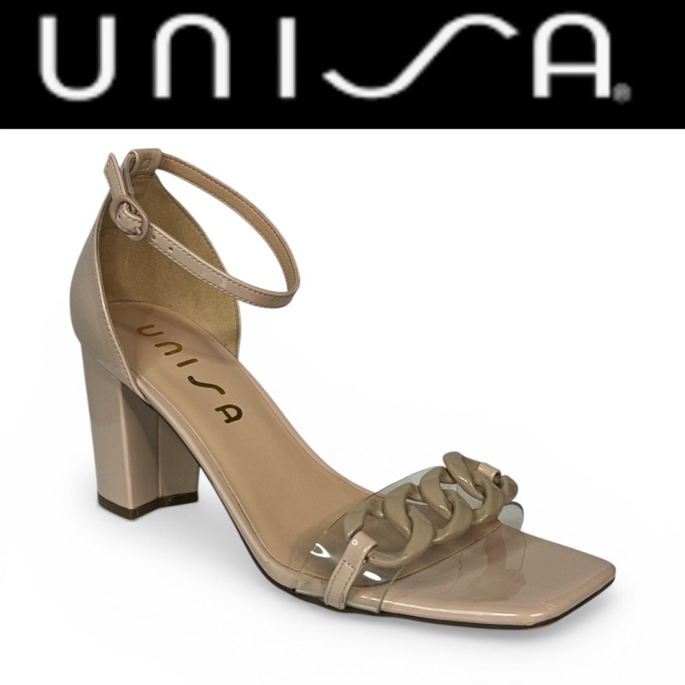 UNISA DENNY2 NUDE PATENT CHAIN DETAIL STRAP BLOCK HEELED SANDALS